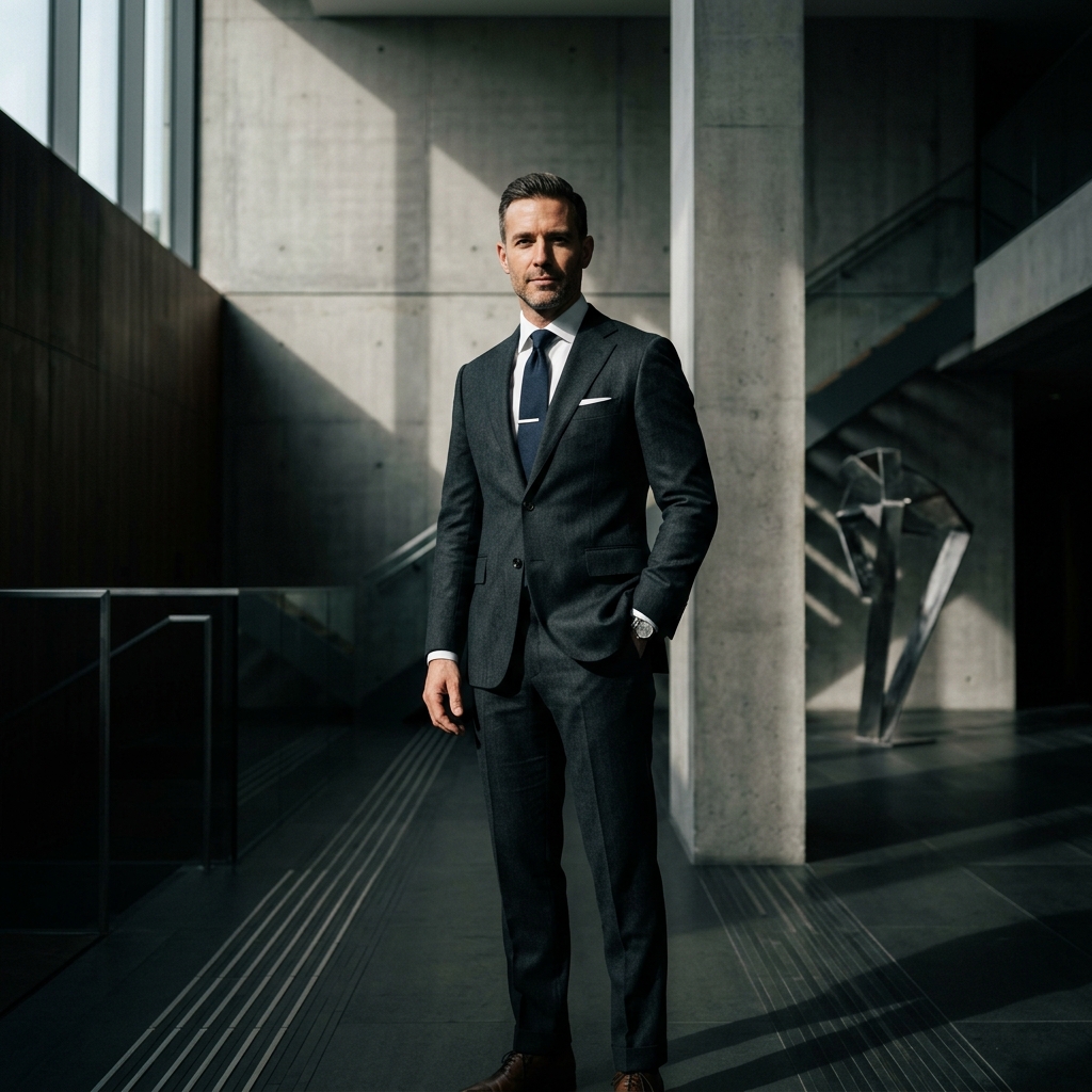 High contrast portrait of a sophisticated man in a bespoke charcoal wool suit.
