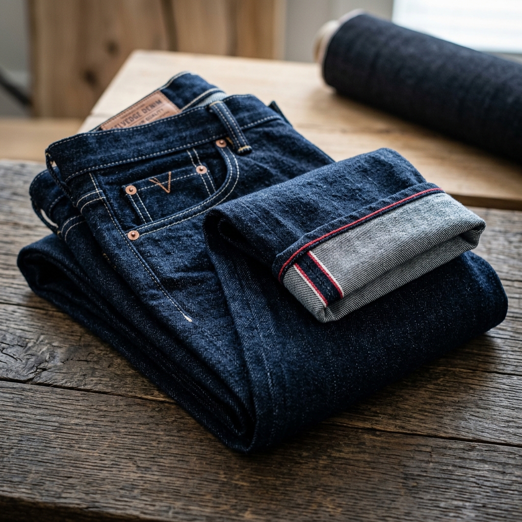 Detailed view of premium selvedge denim fabric and handcrafted stitching.